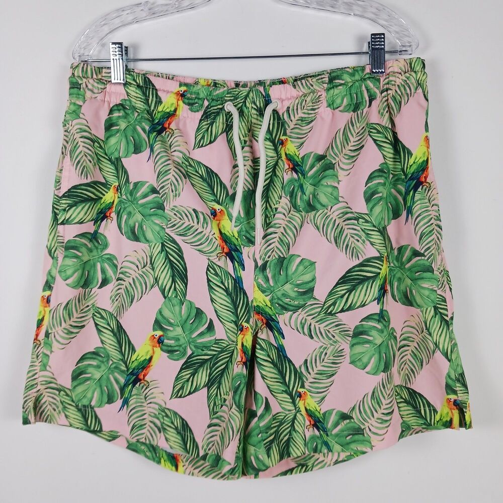 Wave Zone Swim Trunks Mens Size M Pockets Pink Green Tropical